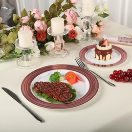 Glowserve 100PCS Reddish Brown Disposable Plastic Plates Include 50PCS 10.25inch Dinner Plate and 50PCS 7.5inch Dessert Plate Heavy Duty Plastic Dinnerware for Party Wedding Anniversary New Year