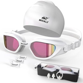 Whale Adult Swimming Goggles With Swimming Cap Comfortable Anti-fog Anti-Glare UV Swimming Goggles Cap Set Suitable for Adults Men and Women(White)