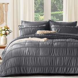 UNILIBRA Twin Comforter Set 5 Pieces, Boho Dark Grey Bed in a Bag Set, Lightweight Ruched Bedding Sets All Seasons with Comforter, Flat Sheet, Fitted Sheet, Pillow Sham, Pillowcase