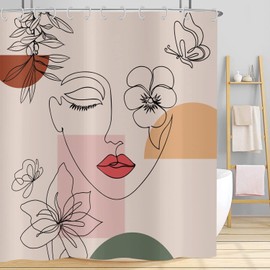 Hnmdmyi Abstract Woman Shower Curtain, 180 x 180 cm, Boho Mid Century Bath Curtain, Minimalist Modern Flower, Plant, Terracotta, Aesthetic, Girl's Waterproof Polyester Fabric, Washable Bath Curtain