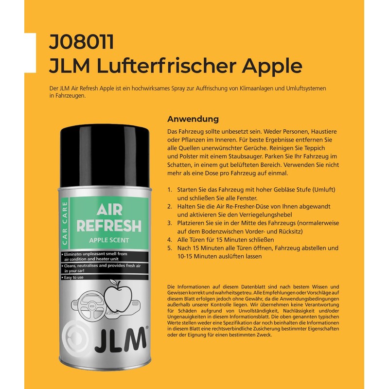 JLM Lubricants Lufterfrischer Apfelduft für Klimaanlagen & Umluftsysteme - Belebender
