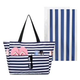 Large Beach Bags for Women with Beach Towel, Waterproof Sandproof Summer Beach Tote Bag with Makeup Bag Zipper Pocket Reusable Grocery Bags Holiday Travel Essentials Shopping Bag Handbags for Pool Gym
