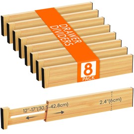 Lifewit 8 Pack Drawer Dividers Bamboo 2.4" High, 12-17" Adjustable Drawer Organizers for Clothes, Wooden Dresser Separators in Bedroom/Bathroom/Kitchen/Fridge/Office Organization and Storage
