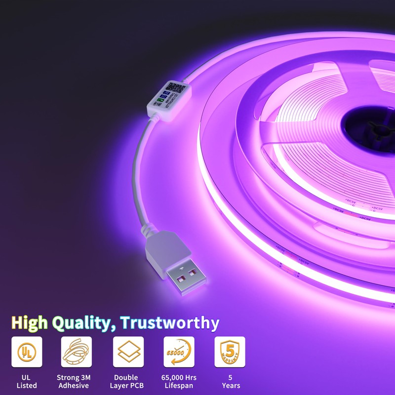 PAUTIX 5V USB COB RGB LED Strip Light 4.92ft/1.5m Color