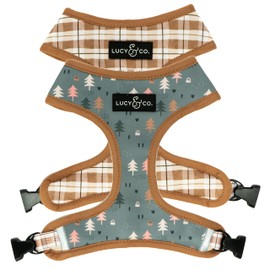 Lucy & Co. Cute Reversible Dog Harness Walking Halter - Best Designer Pet Harnesses for XS - XL Dogs - Padded Adjustable Vest for Easy Walking (Small, Neutral Brown Plaid with Blue Trees)