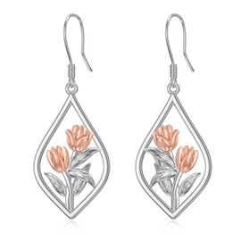 Tulip Earrings Sterling Silver Tulip Flower Floral Dangle Dangling Drop Charm Earrings Tulip Jewelry Gifts for Women