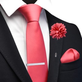 Branduce Coral Tie for Men Wedding Solid Satin Silk Blend Necktie Pocket Square Tie Clip and Lapel Pin Brooch Set (TA14-35)