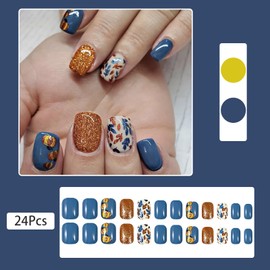 24 Pcs Fall Press on Nails Short Square Fake Nails with Glue Glitter False Nails with Leaf Pumpkin Pattern Design Holiday Glue on Nails Thanksgiving Nails Reusable Full Cover Stick on Nails for Women