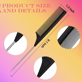 Leinuosen 3 Packs Rat Tail Comb Steel Pin Rat Tail Carbon Fiber Heat Resistant Teasing Combs with Stainless Steel Pintail (Pink, Black)