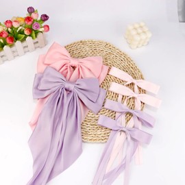 CUBACO 6PCS Hair Clips for Women, Alligator Ribbon Hair Silky Satin Barrettes for Women Kawaii Accessories Bow Clips for Long Thick Hair for Girls Suitable for Birthday Gift, Pink Purple