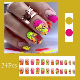 Colorful Contrast Blooming Press on Nails Short Square Fake Nails with Black Spot Design Rainbow Matte Acrylic Nails Rainbow Contrast Glue on Nails Artificial Stick on Nails for Women Decor 24Pcs