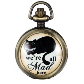 JewelryWe Vintage Pocket Watch We are All Mad Here Locket Pendant Necklace Quartz Watch with Chain