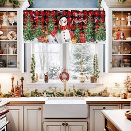 Merry Christmas Snowman Valance Curtains for Living Room, Winter Cardinals Snowflakes Xmas Decorations Rod Pocket Curtains for Bedroom, 54x18in, Buffalo Plaid Red Black