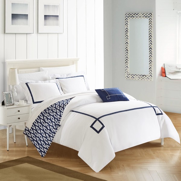 Chic Home DS2955-AN 4 Piece Kendall Contemporary Greek Key Embroidered Reversible Duvet Cover Set Shams and Decorative Pillows Included, King, Navy