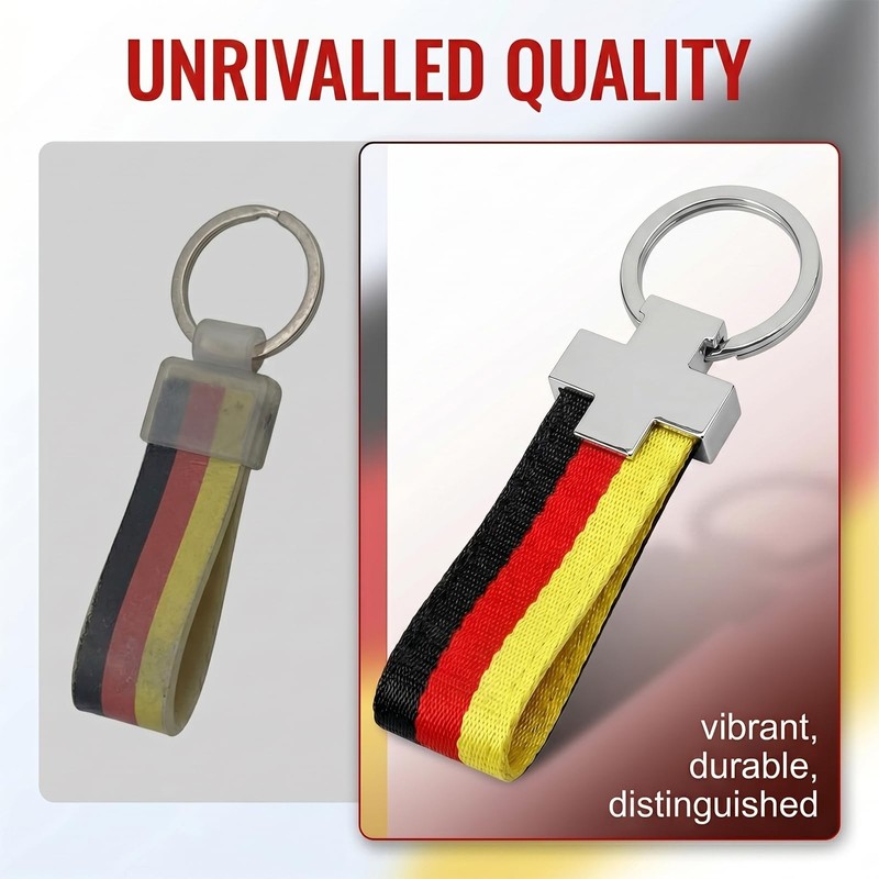 GWEOR Germany Flag Keyring Metal, Black/Red/Gold Nylon Strap, Rustproof &