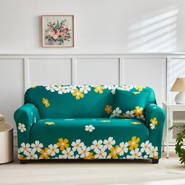 Printed Furniture Cover with One Pillow Case Universal Modern Sofa Protector for Living Room Stretch Couch Slipcovers Easy Fitted(Green Flower,4 Seater)