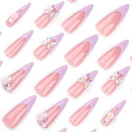 Long Press on Nails Almond Fake Nails Purple French Tip False Nails with 3D Flower Bow Design Stick on Nails Stiletto Acrylic Nails Glossy Full Cover Glue on Nails for Women Manicure 24Pcs