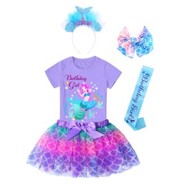 Doctor Unicorn Birthday Girls Mermaid Outfit Set Costume Tutu Skirt Dress, Mermaid Birthday Shirt, Headband & Satin Sash (Blue/Purple Mermaid, 3-4 Years)