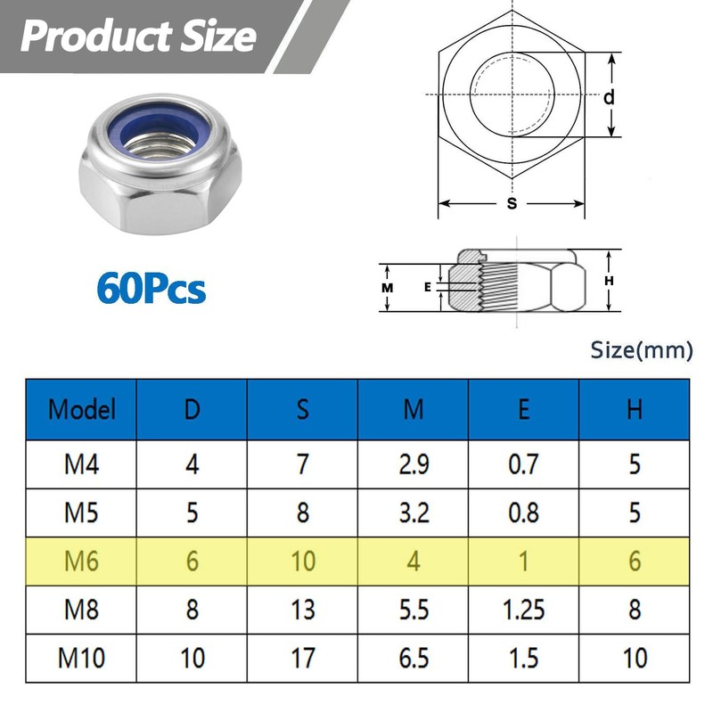 HXJDAM M6 Nuts DIN985 Nylock Nuts 60 Piece Lock Nuts