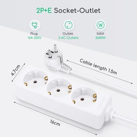 Aigostar Socket Strip 3-Way Table Socket Child Lock 1 m Cable White