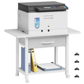 YAOHUOO 22"x15" Large Printer Stand with Storage Drawer, 2-Tier Under Desk Printer Table for Home Office, Printer Cart fit Fax Machine/3D Printer/Scanner(White)