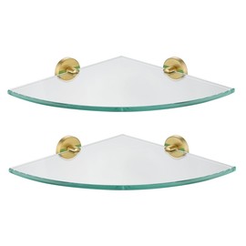 JQK Corner Glass Shelf, Brushed Gold Bathroom 304 Stainless Steel Shower Triangle Floating Wall Shelf, 10 x 10 Tempered Glass, 2 Pack TGS190L10-BG-P2
