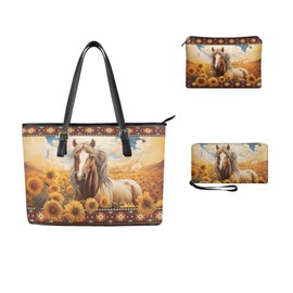 YECARYPOD Tribal Horse PU Leather Handbags Set for Women,Sunflower Wallet Purse Set Crossbody Tote Bag Travel Large Casual Satchel Handbags with Wallet Combo