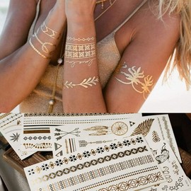 6Pcs Tatuajes de Oro Papel De Tatuaje a Prueba De Agua Tatuajes Metálicos Temporales Pegatinas de Tatuajes Falsos de Cara Y Cuerpo para Adultos Pegatinas De Tatuajes De Arte Corporal (Oro Plata)