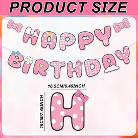 Pink Birthday Banner, Pink Cartoon Happy Birthday Party Decorations Pre-Strung Hanging Bunting Backdrop with Bows Cute Cartoon Theme Decor for Women Kids Girls Party Supplies