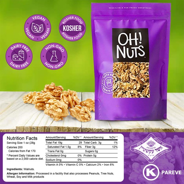 Oh! Nuts Raw Walnuts 2lb Bulk Bag | Unshelled Healthy Mix of Chandler Halves & Pieces | Fresh & Healthy Keto Snacks | Chopped Nuts for Vegan, Paleo & Gluten-Free Diets | For Gourmet Baking & Cooking