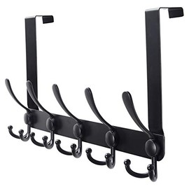 SKOLOO Over The Door Hook - 5 Triple Hooks, Metal Door Coat Rack for Entryway, Over The Door Towel Hook for Bathroom, Black Door Hanger Hook for Coat, Clothes, Towel, Backpack