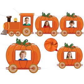 Fall Pumpkin Train Shaped Photo Prop Selfie Frame Large Pumpkin Patch Photography Background Backdrop Banner Pumpkins Patch Theme Face Photo Booth Prop for Autumn Harvest Thanksgiving Party Decoration