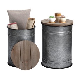 RUSTOWN Farmhouse Accent Side Table, Rustic Storage Ottoman Seat Stool, Galvanized Antique Metal End Table Box Bin with Round Wood Lid, Coffee or Cocktail Table, Nesting Pieces Two(Pure Galvanized)
