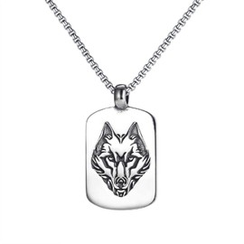 Wolf Tag Necklace for Men, Norse Viking Wolf Head Pendant Necklace with 27.6” Chain, Retro Wolf Totem Necklace, Vintage Wolf Signet Amulet Necklace, Punk Animal Wolf Jewelry Gift