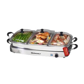 Elite Gourmet EWM-9933 Triple 3 x 2.5 Quart Trays Buffet Server 7.5 Qt Oven Safe Pan Food Warmer, Temperature Control, Clear Slotted Lids, Perfect for Parties, Entertaining & Holidays, Stainless Steel