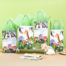 36 Pack Small Jungle Safari Woodland Animal Themed Party Gift Bags with Handles and Green Tissue Paper for Birthday, Baby Shower Party Favors Treats Goodies, 9x5.5x3.15 Inch (2 Assorted Designs)