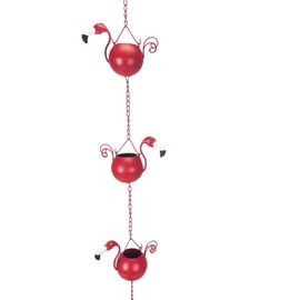90-Inch Metal Rain Chain with 8 Portly Flamingos, 7 Inches Long Each, Muted Red Finish, Decorative Downspout Alternative for Rainwater Collection, Outdoor Garden Décor