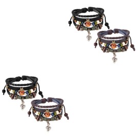 LALAFINA 4sets Vintage Beaded Bracelets Alloy Note Leather Layered Wrist Decor for Women Punk Accessories for Occasion Black Brown