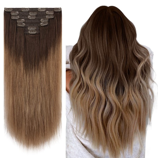 FESHFEN Real Hair Clip-In Extensions, 100% Remy Human Hair Extensions, Natural Hair Extensions, Clips, Hair Extensions, 7-Piece Set, Ombre Chocolate Brown to Dark Blonde Hairpieces, Real Hair Clips, 55 cm