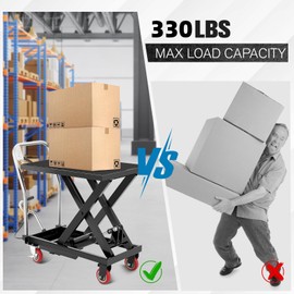 Hydraulic Lift Table Cart, 330lbs Capacity 28.5" Lifting Height, Single Scissor Lift Table with 4 Wheels and Non-Slip Pad for Material Handling and Transportation, Black