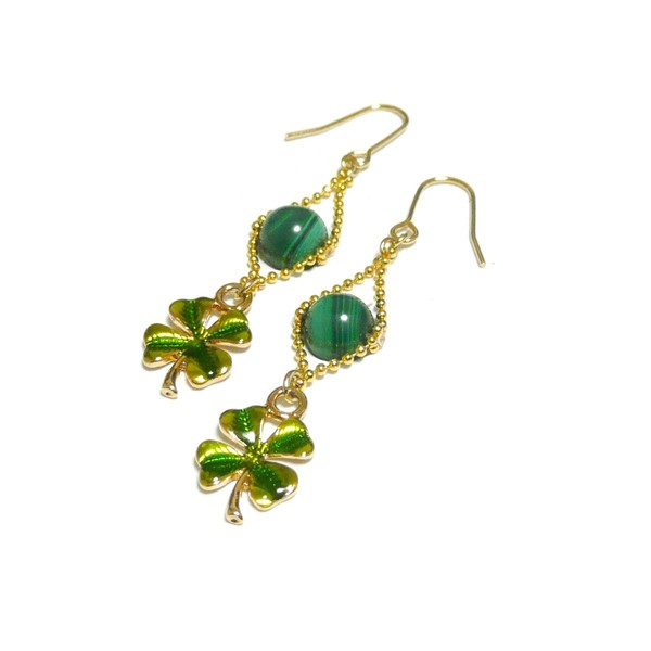Malachite and Quatrefoil Clover Earrings in Gold Tone, Gemstones, Malachite