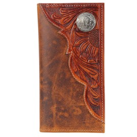 American Bison Tooled Side Rodeo Wallet with Conchos – Oil Pull Up – Durable, Stylish & RFID Protected (Buffalo Nikle, Tan)