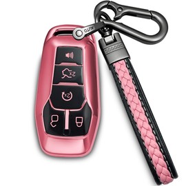 Yonmcfn for ford key fob cover with metal/leather keychain,TPU 5 Buttons Key case,compatible with 2016 2017 Explorer Fusion MKZ MKC Remote smart Key,car Key Accessories,keychain Pink