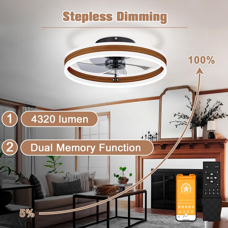 VOLISUN Low Profile Ceiling Fans with Lights and Remote, 19.7in