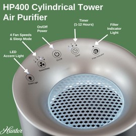 Hunter Fan Company HP400 Round Tower Air Purifier for Small Rooms, Featuring True HEPA Filtration and EcoSilver® Pre-Filter for Allergy and Asthma Relief, White and Silver