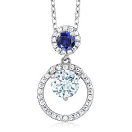Gem Stone King 925 Sterling Silver Sky Blue Aquamarine and Blue Created Sapphire Pendant Necklace For Women (1.60 Cttw, Gemstone March Birthstone, Round 6MM and 4MM)