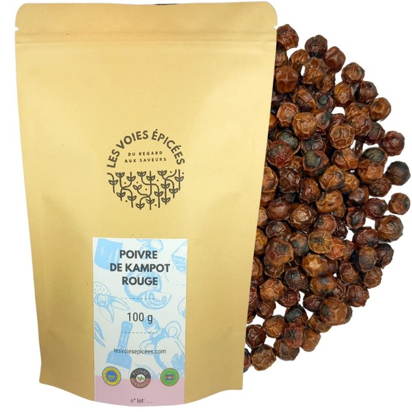 Les Voies Spices - Red Kampot Pepper - 100 g - Kraft Bag with Zip - Exceptional Cambodia Pepper - Manual Harvest - Fruity Flavours - 100% Natural