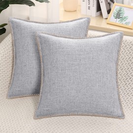 decorUhome Set of 2 Linen Cushion Covers 45X45cm,Decorative Outdoor Plain Vintage Cushion Covers with Stitched Edges, Square Farmhouse Neutral Pillow case 18x18 Inch for Sofa, Light Grey