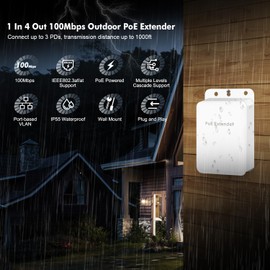 Outdoor PoE Passthrough Switch, 1 PoE in 4 PoE Out Extender, IEEE802.3af/at/bt PoE Powered 90W, 100Mbps Ethernet, Wall Mounting, Waterproof, Plug and Play
