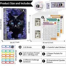 Money Saving Binder, 100 Envelopes Money Saving Challenge, Cash Envelopes Budget Binder & 3 Budgeting Planner Trackers, PU Leathers A5 Money Saving Planner Book，Black Cat in Purple Flower Bush